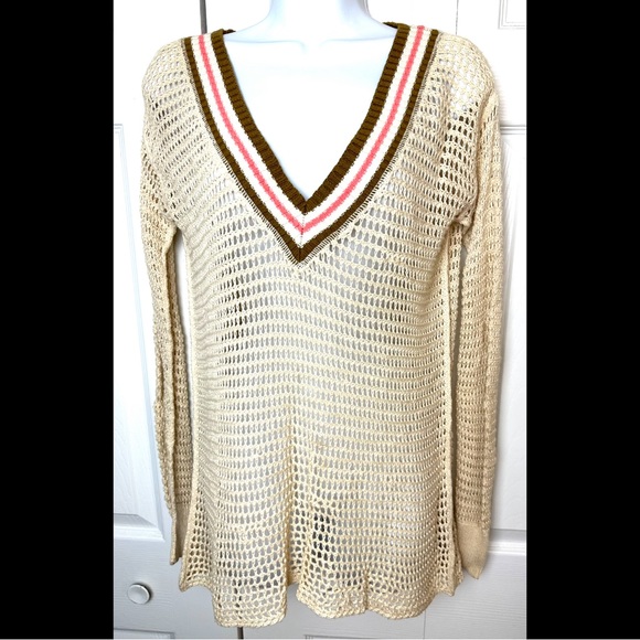 WE THE FREE People Varsity Sweater Open Knit VNeck Stripe Ivory Cream Pink Brown - Picture 2 of 11